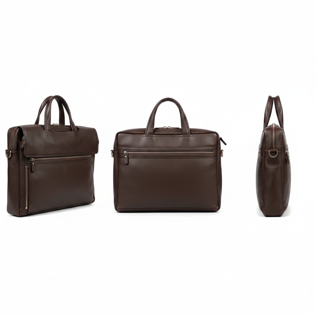Chocolate brown pebbled leather laptop bag ghost mannequin front back and side view