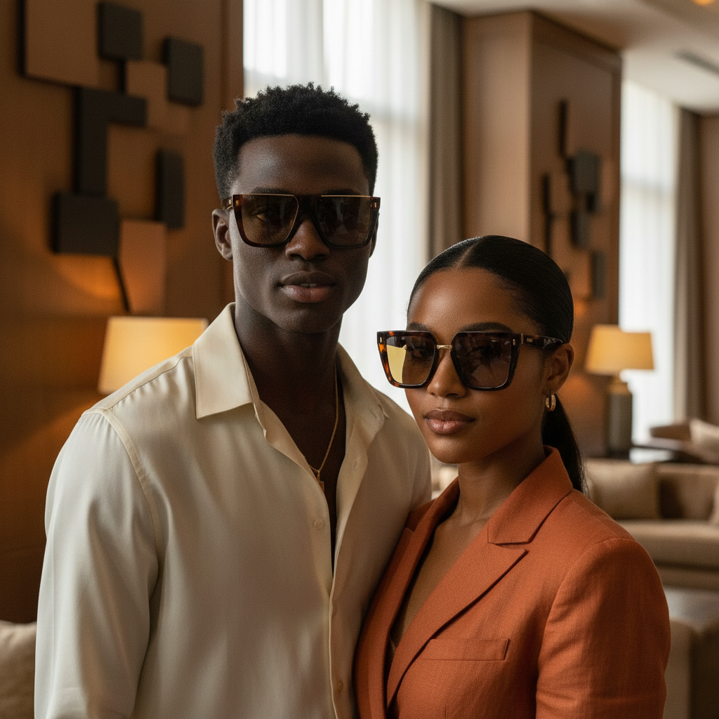 Oversized Flat-Top Square Sunglasses Tortoiseshell Amber – Unisex Model Shot Together
