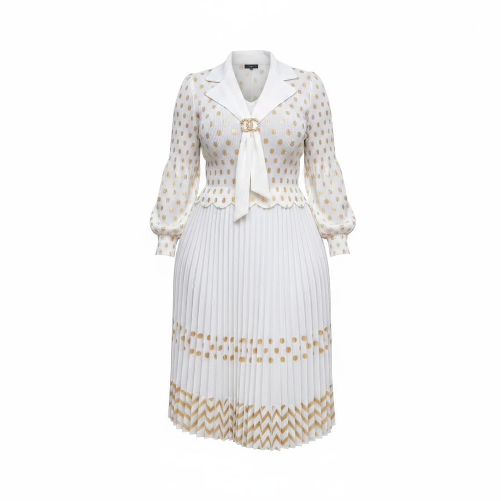 Women's White & Gold Polka Dot Pleated Midi Skirt Suit Set - Ghost Mannequin Front View