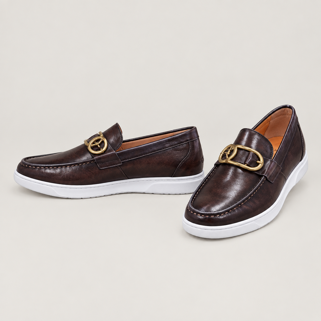 Dark brown loafers with gold-tone detail, pair views