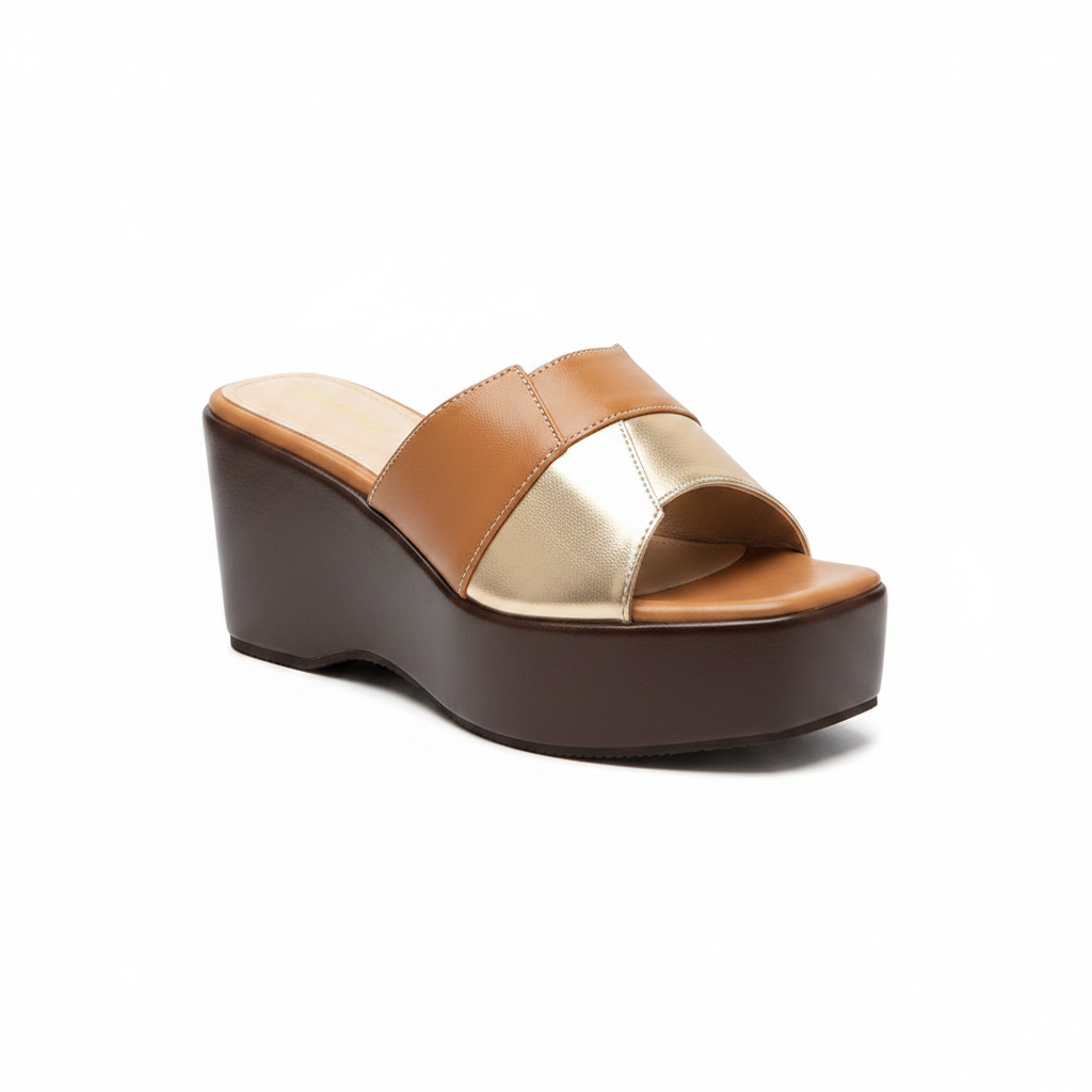 Women's Colour-Block Wedge Mule - Tan Camel Gold Dark Brown Sole
