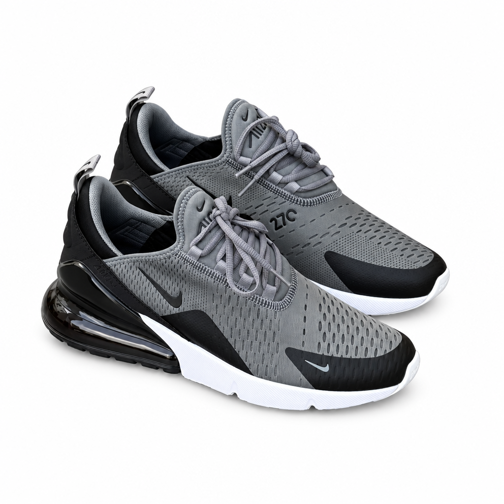 Grey-and-black mesh lace-up sneakers with white soles and dark transparent heels