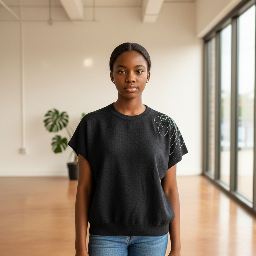 Girls charcoal rhinestone knit top on model