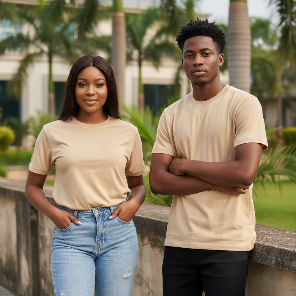 Unisex Beige Plain Crew-Neck T-Shirt – Nigerian Female and Male Models
