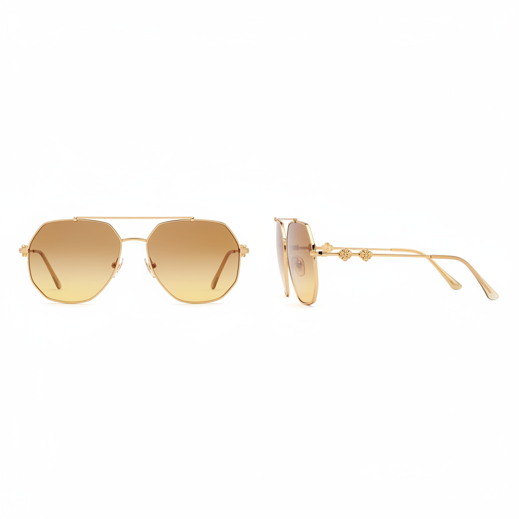 Ghost mannequin view — Geometric Pilot Sunglasses Gold Wire Double Bridge, front and side view
