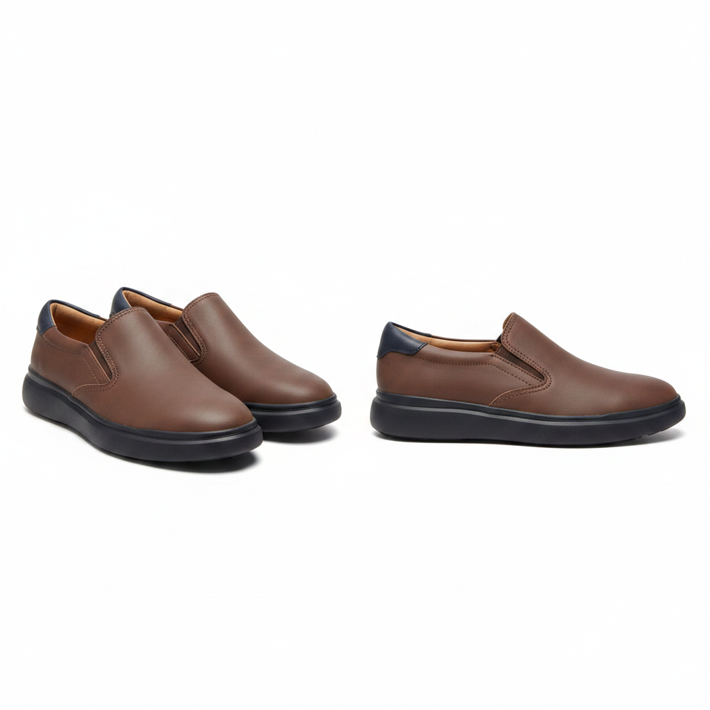 Brown matte leather slip-on loafers ghost mannequin front and side view