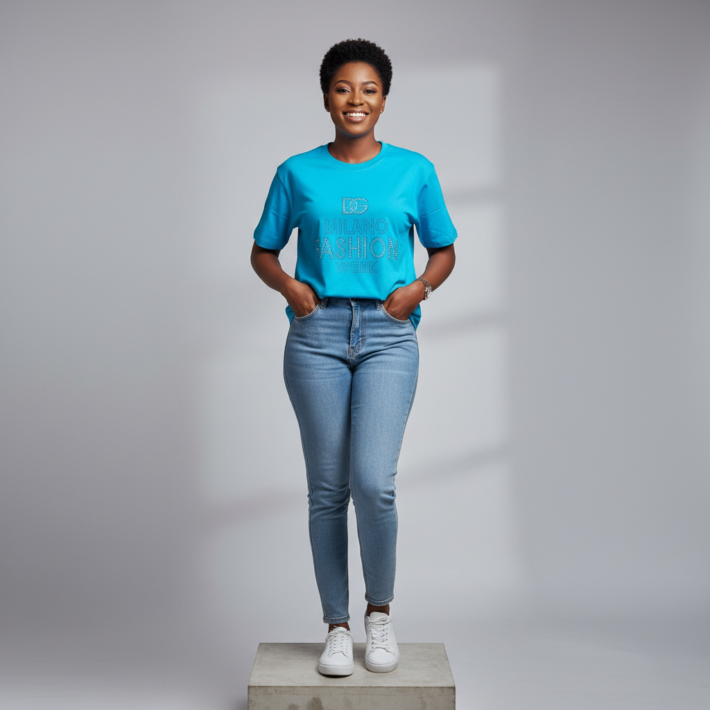 Nigerian female model front view wearing teal rhinestone fashion text T-shirt