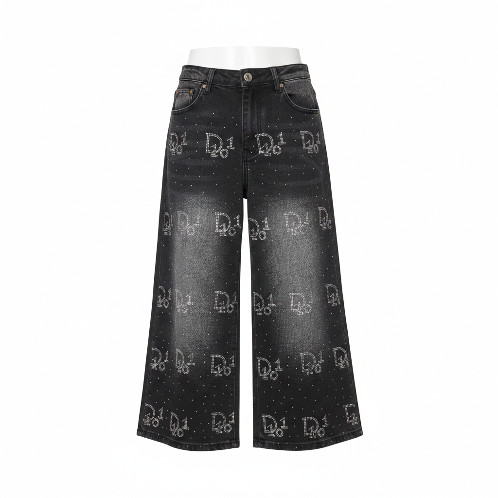 Dark Grey Rhinestone 3/4 Denim Trousers - Ghost Mannequin Front