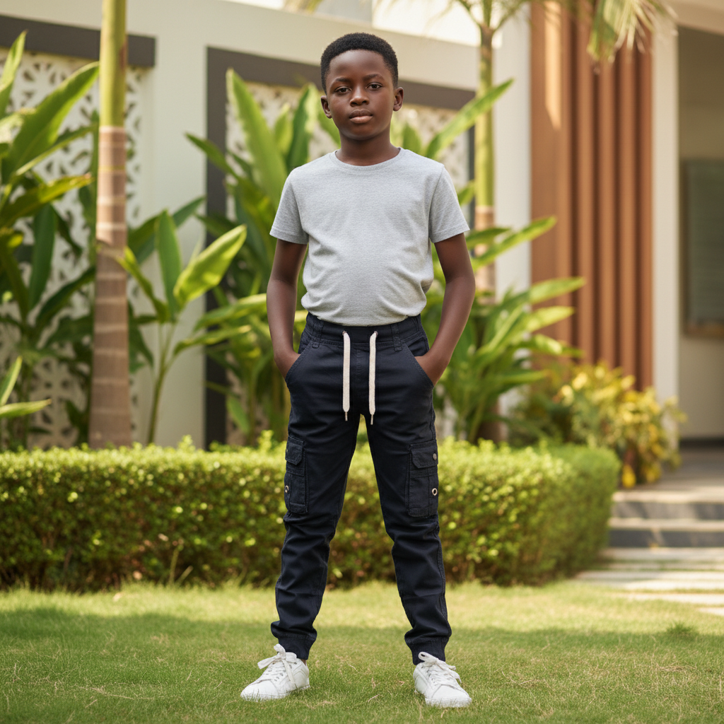 Nigerian child model wearing dark navy cargo jogger pants with side pockets