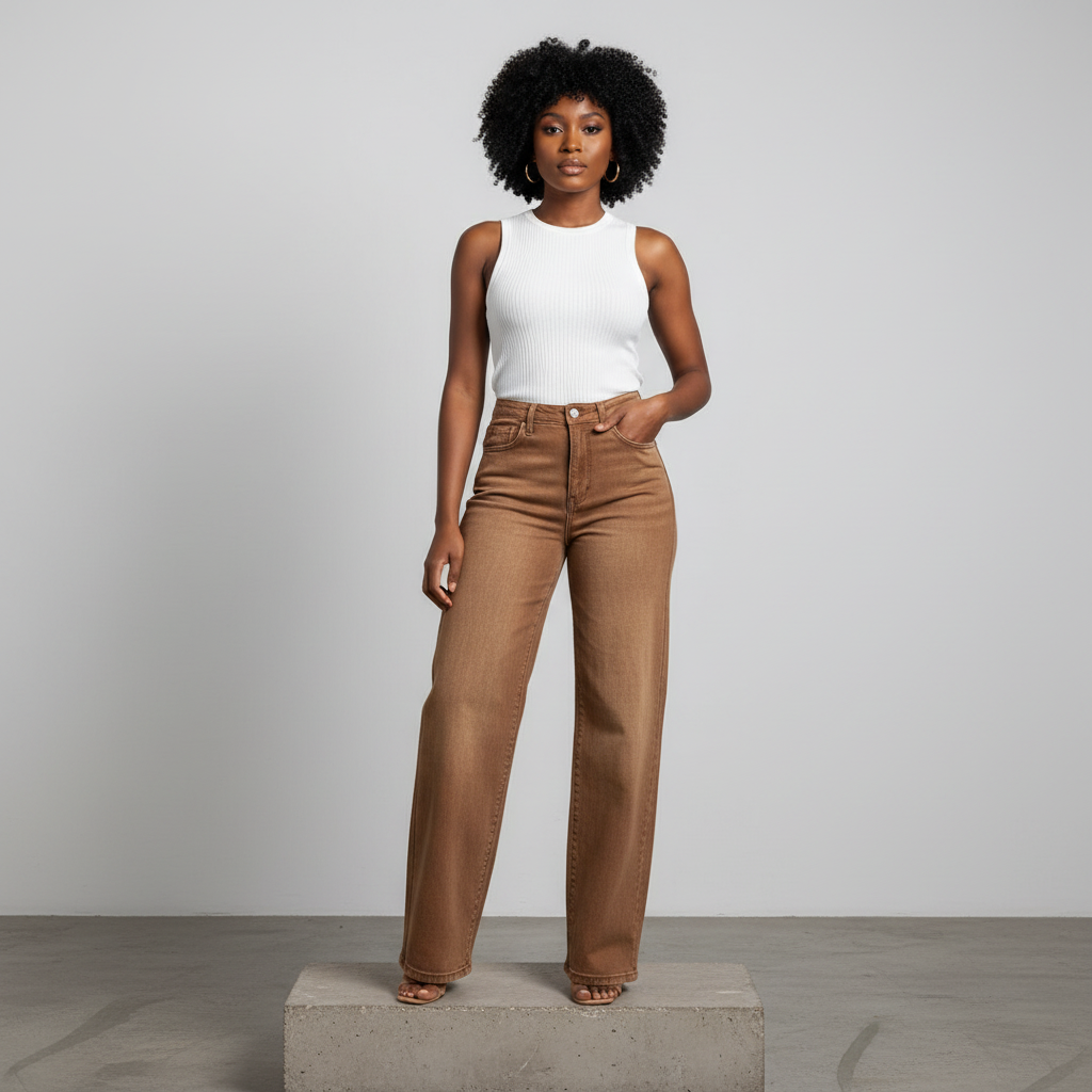 Caramel Brown Washed Wide-Leg Jeans - Model Front