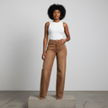 Caramel Brown Washed Wide-Leg Jeans - Model Front