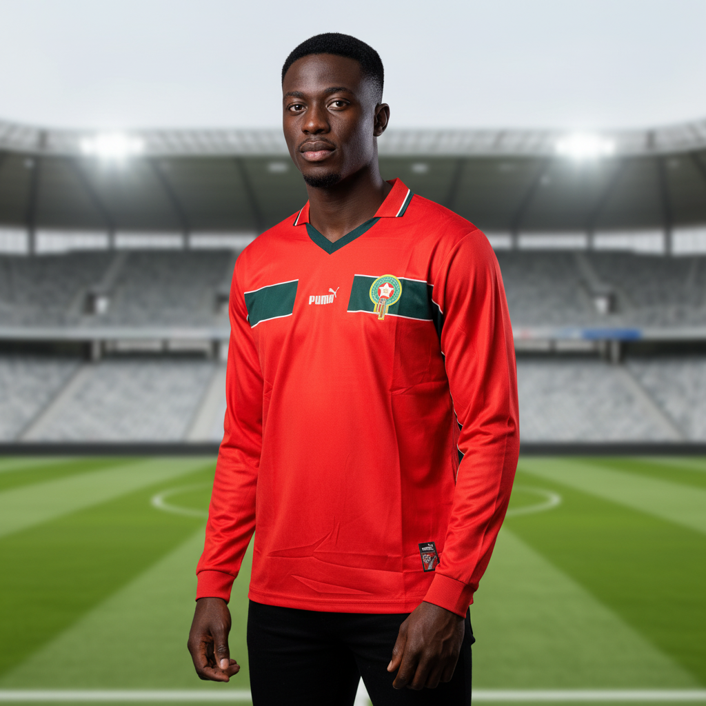 Nigerian male model wearing the red long-sleeve retro football jersey in a sports studio setting