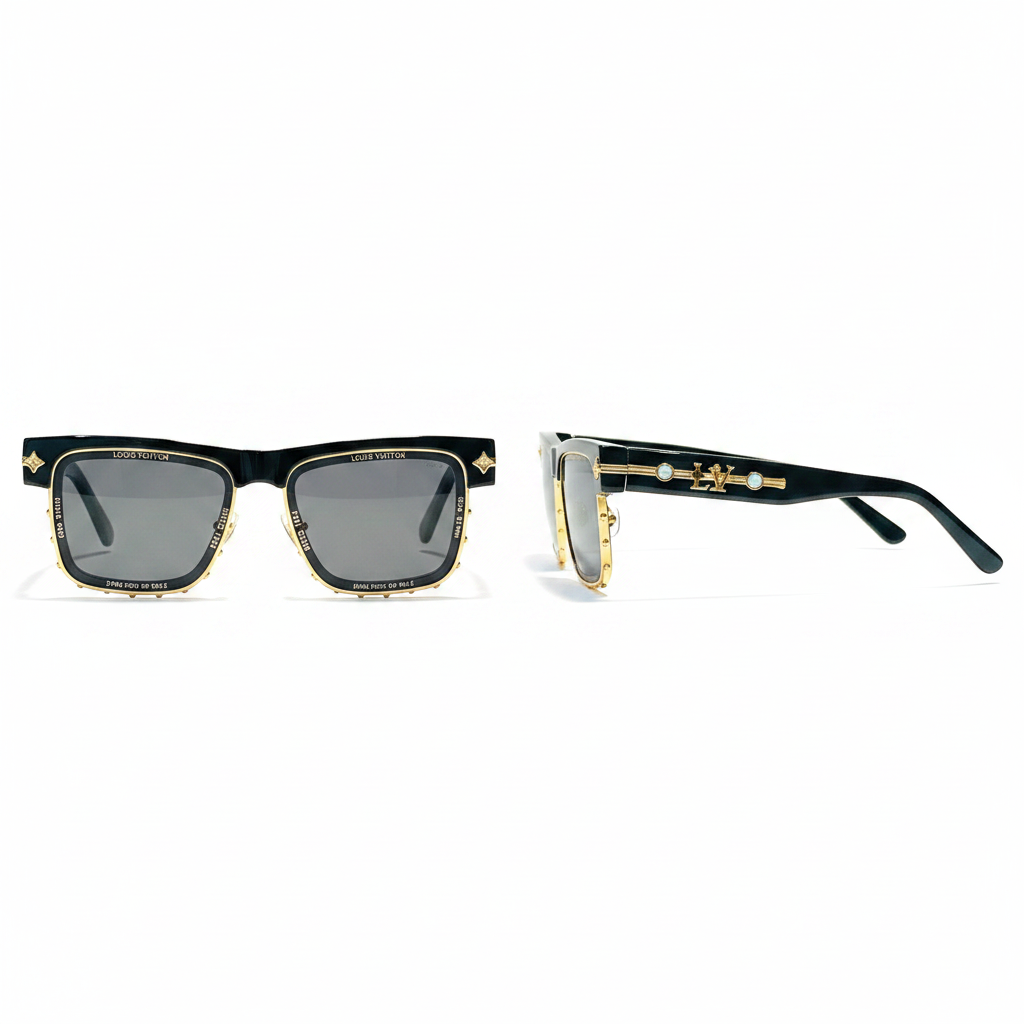 Square Half-Rim Sunglasses Black Gold – Ghost Mannequin Front and Side View