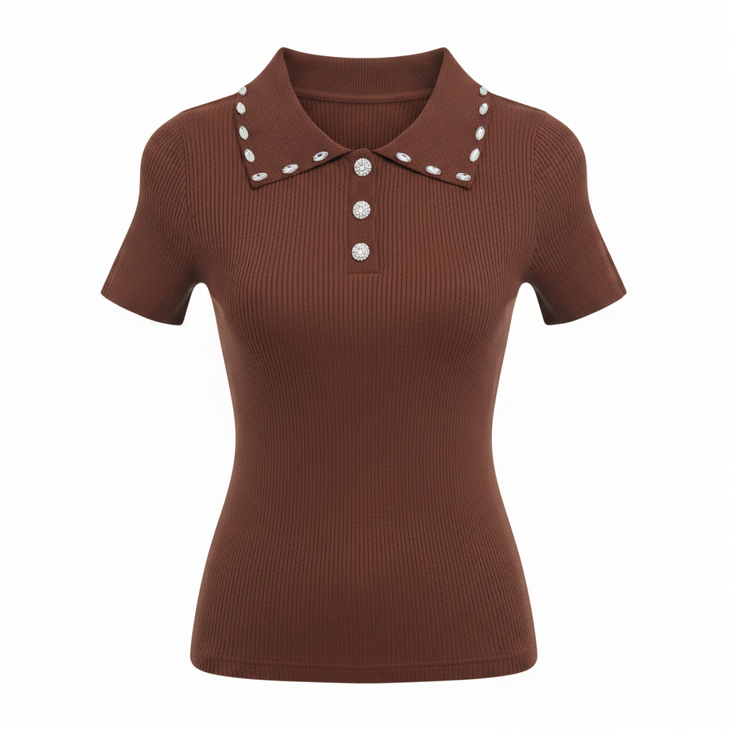 KC Chocolate Brown Ribbed Knit Jewel Button Collar Top – Ghost Mannequin