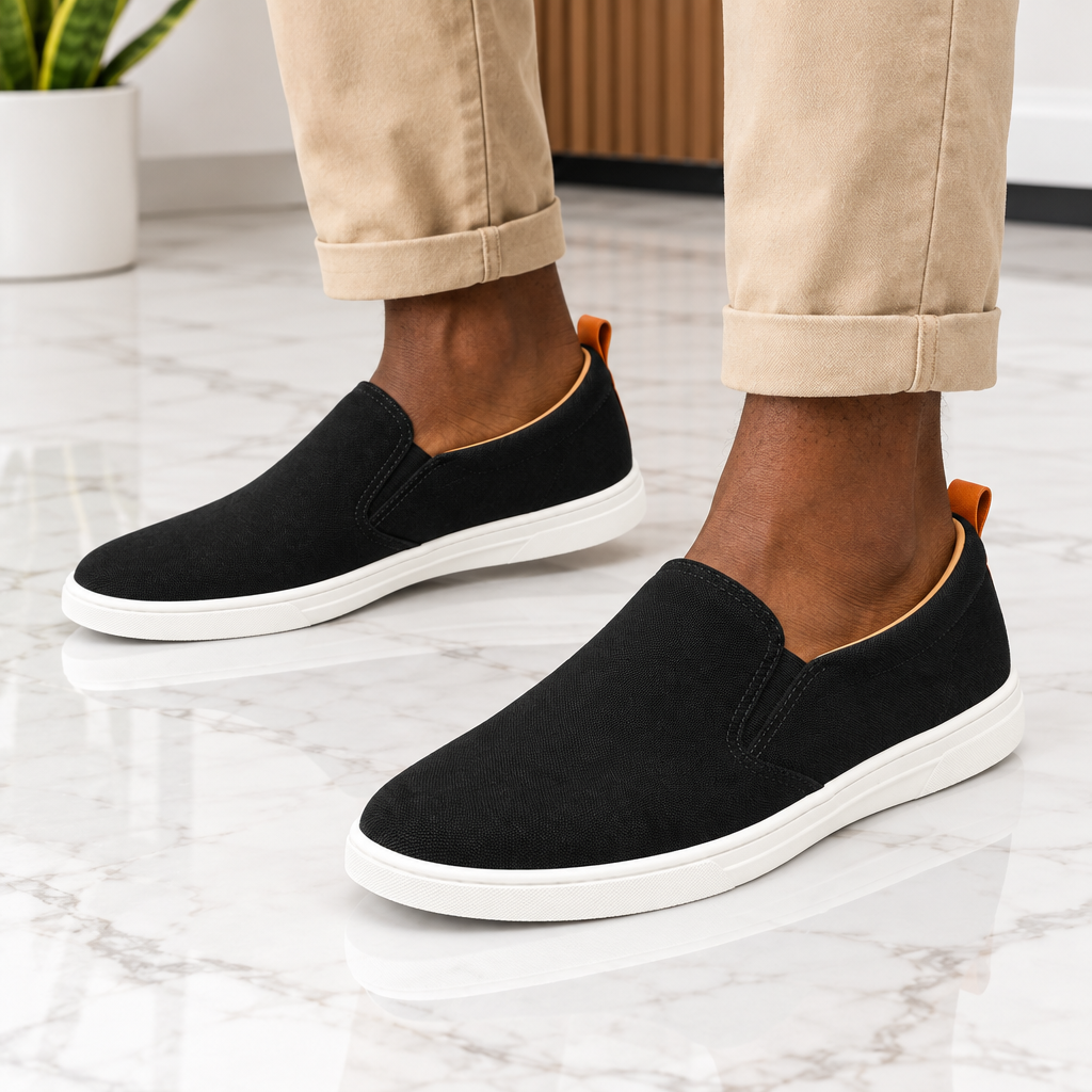 Man wearing black textile slip-on shoes with tan lining