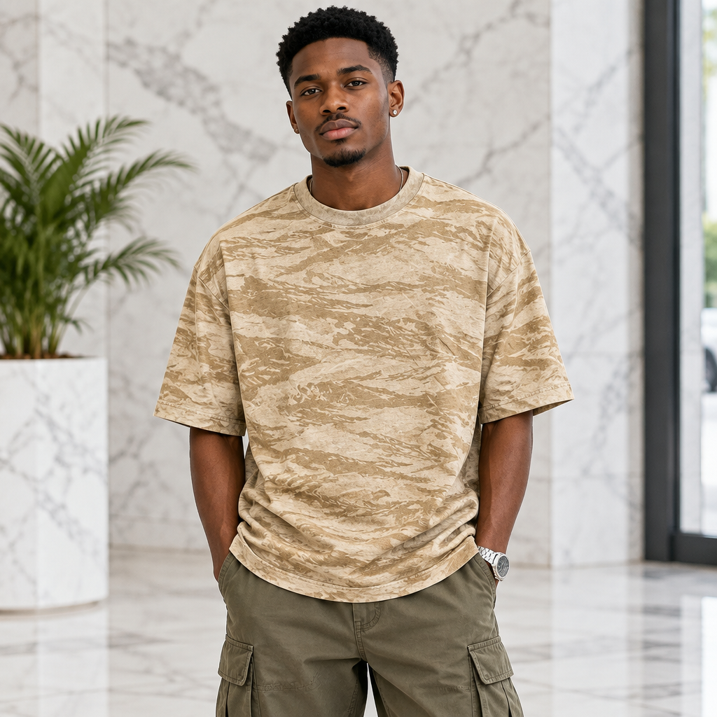 Desert Sand Abstract Camo Tee Khaki – Model Shot