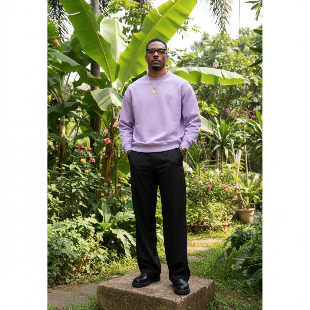 Nigerian male model wearing men's lavender tonal heart logo crew neck sweatshirt luxury streetwear style