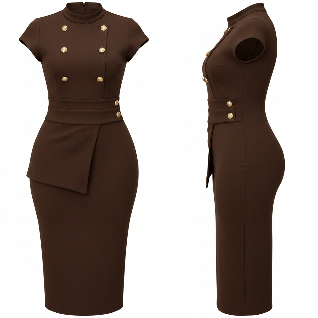 Women's Chocolate Brown Double-Breasted Peplum Midi Dress – Ghost Mannequin Front and Side View