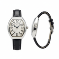 Women's silver plain bezel white guilloche dial tonneau watch — ghost mannequin front and side view, black leather strap