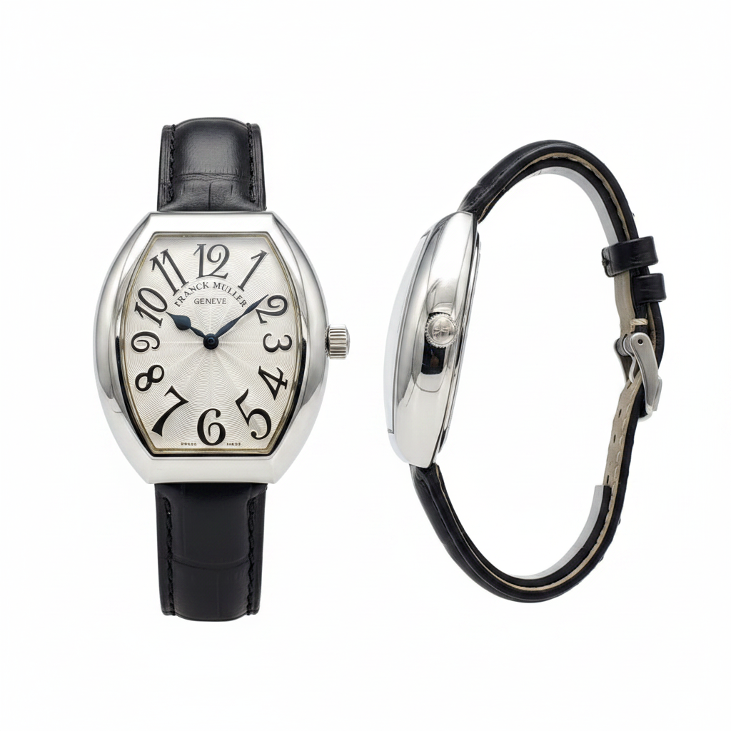 Women's silver plain bezel white guilloche dial tonneau watch — ghost mannequin front and side view, black leather strap
