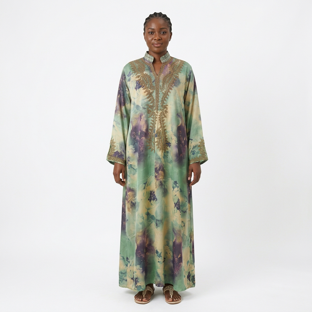Woman wearing sage watercolour embellished abaya in a white studio