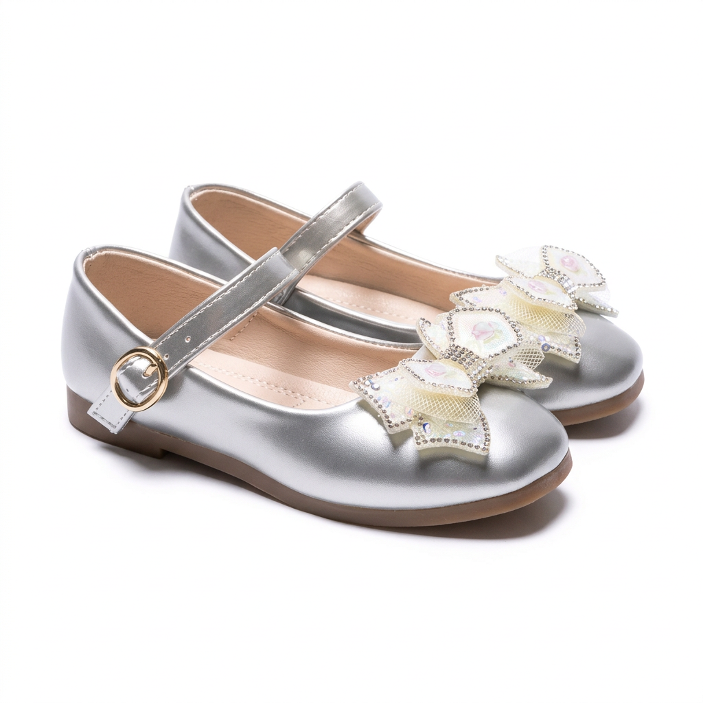 Matching silver jeweled bow Mary Jane flats