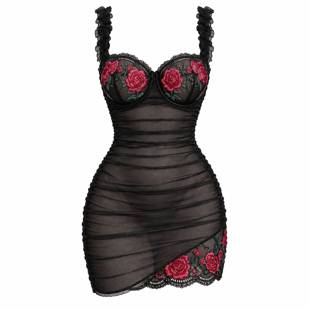 Rose Embroidery Mesh Ruched Slip Dress – Black