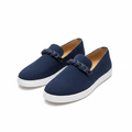 Men's navy blue suede slip-on loafer pair ghost mannequin front and side view on white background