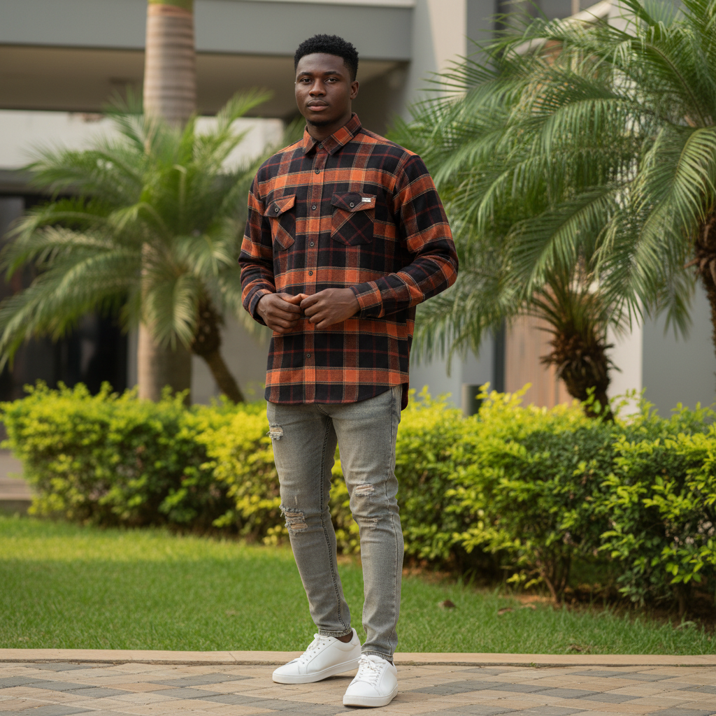 Young Nigerian male wearing burnt orange and black large plaid flannel long sleeve shirt
