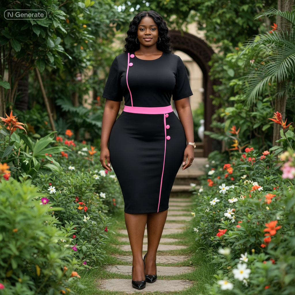 Nigerian female model wearing black and pink piping trim bodycon midi dress