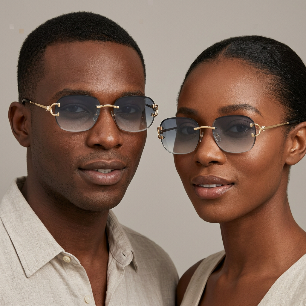 AI-generated man and woman wearing gold-tone grey gradient sunglasses