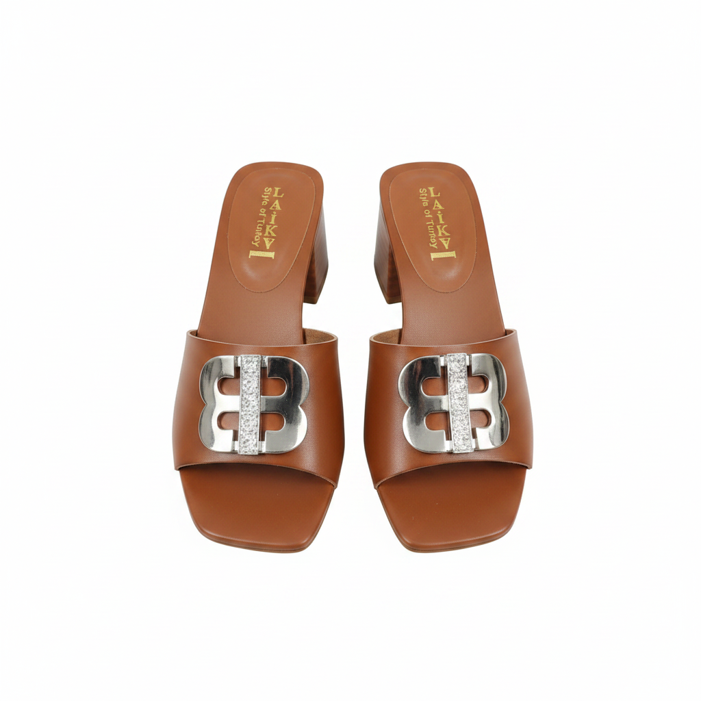 Women's tan cognac leather logo hardware block heel mule — ghost mannequin view