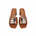 Women's tan cognac leather logo hardware block heel mule — ghost mannequin view