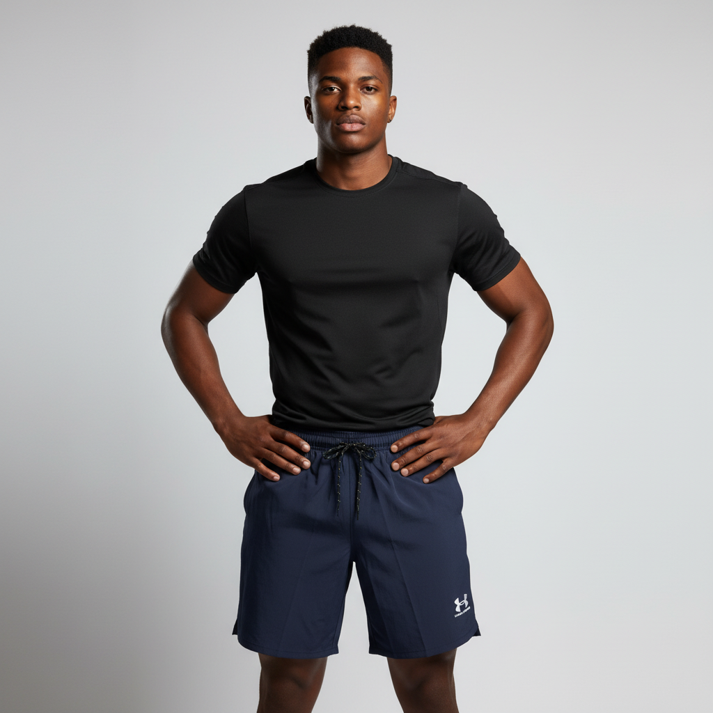 Men's Deep Navy Blue Sports Shorts – Nigerian Male Model Studio Setting