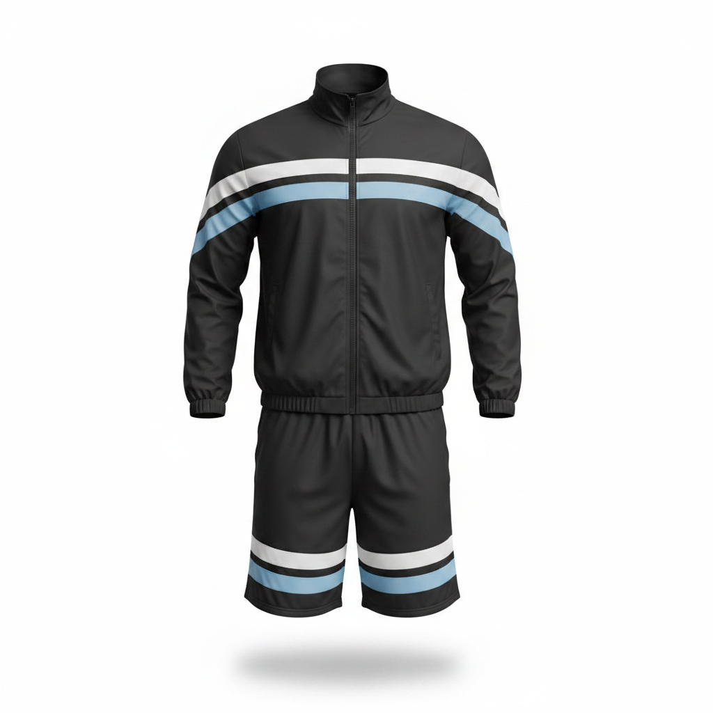 Ghost mannequin view of the black jacket and shorts set with white and blue stripes