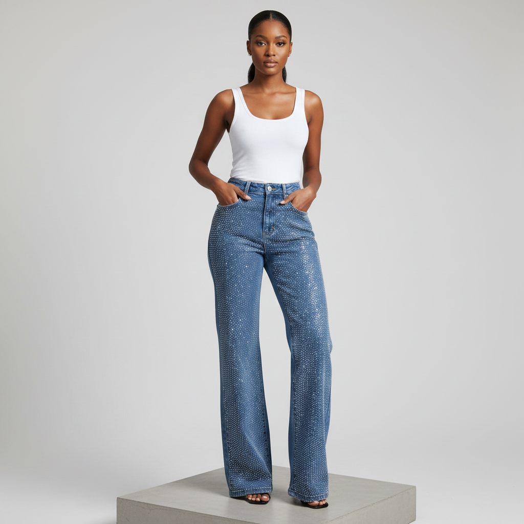 Blue Rhinestone Wide-Leg Trousers - Model Front