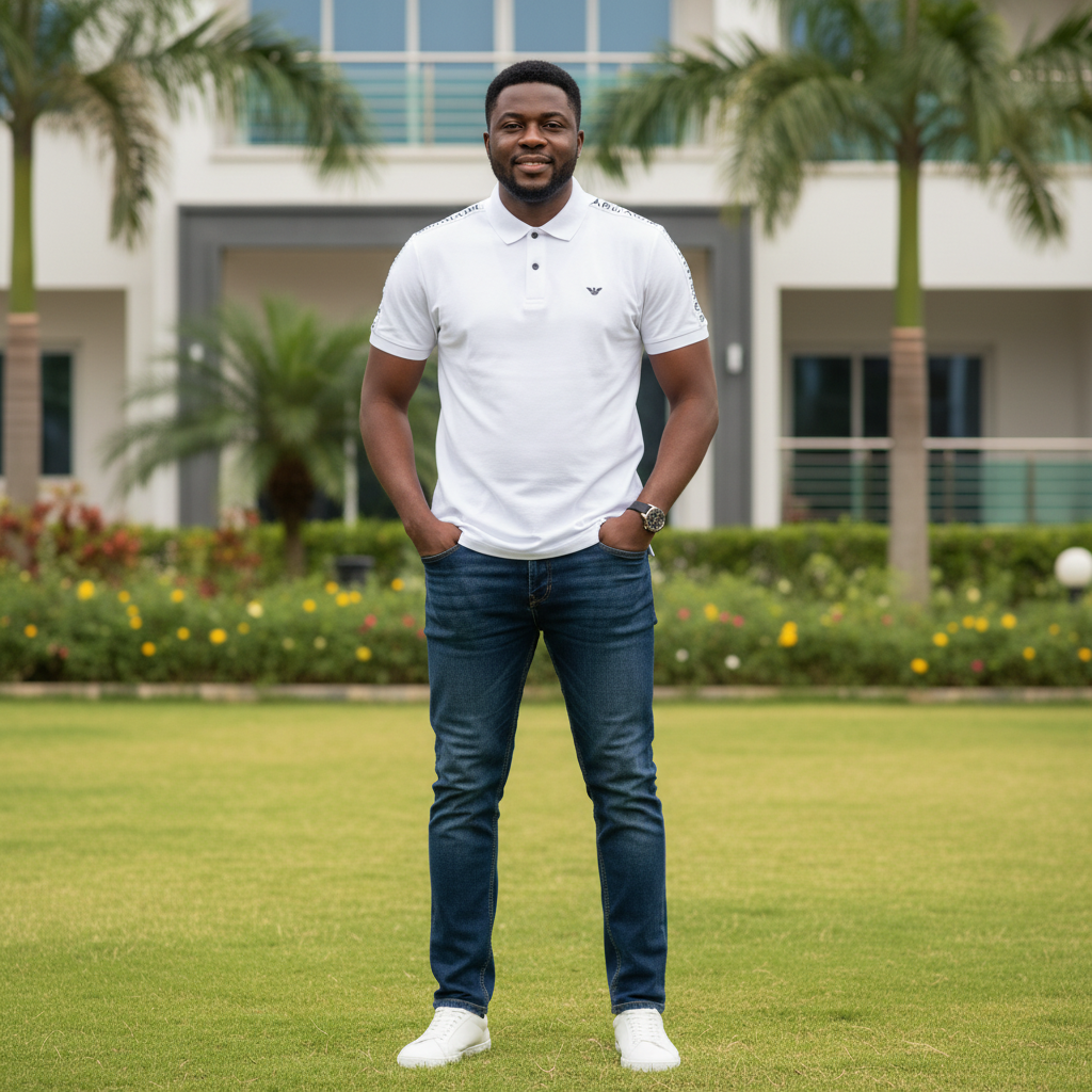 Nigerian male model wearing men's white polo shirt with branded shoulder tape, garden setting