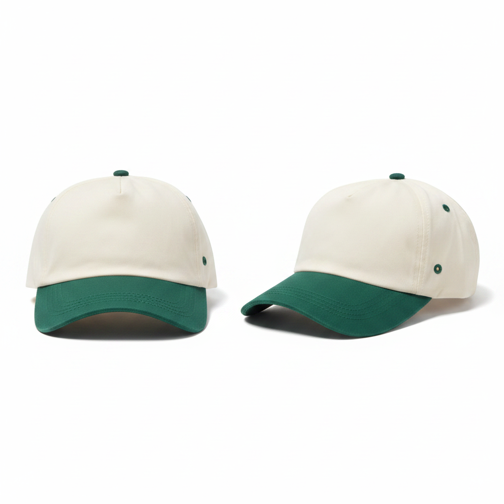 Two-tone cream off-white and forest green plain baseball cap – ghost mannequin front and side view