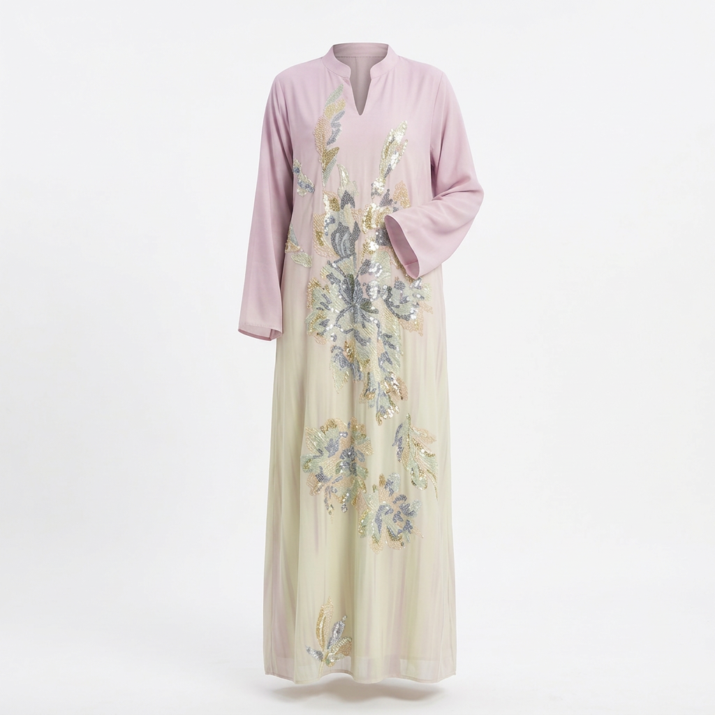 Lilac and cream floral shimmer abaya ghost image matching model drape