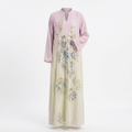 Lilac and cream floral shimmer abaya ghost image matching model drape