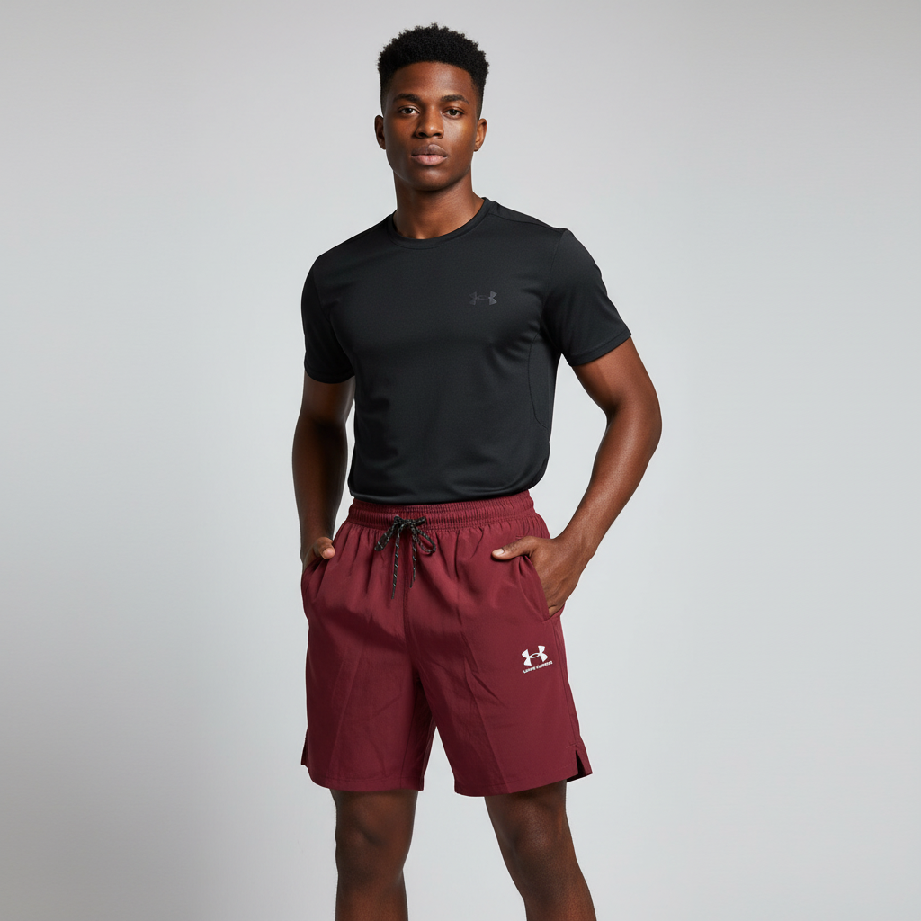 Men's Burgundy Sports Shorts – Nigerian Male Model Studio Setting