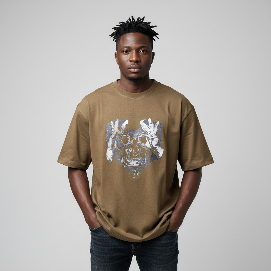 Black Nigerian male model wearing a brown skull graphic T-shirt