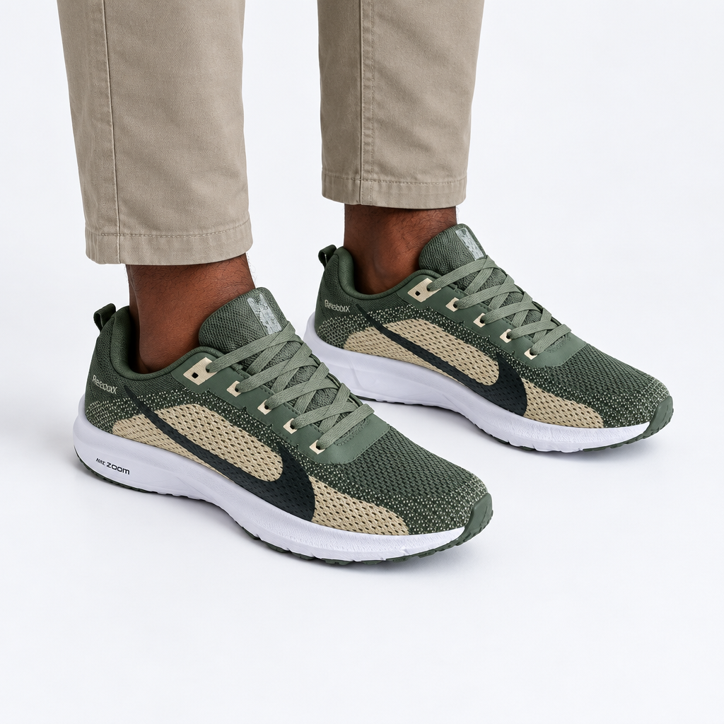 Olive mesh sneakers with beige panels worn with neutral trousers