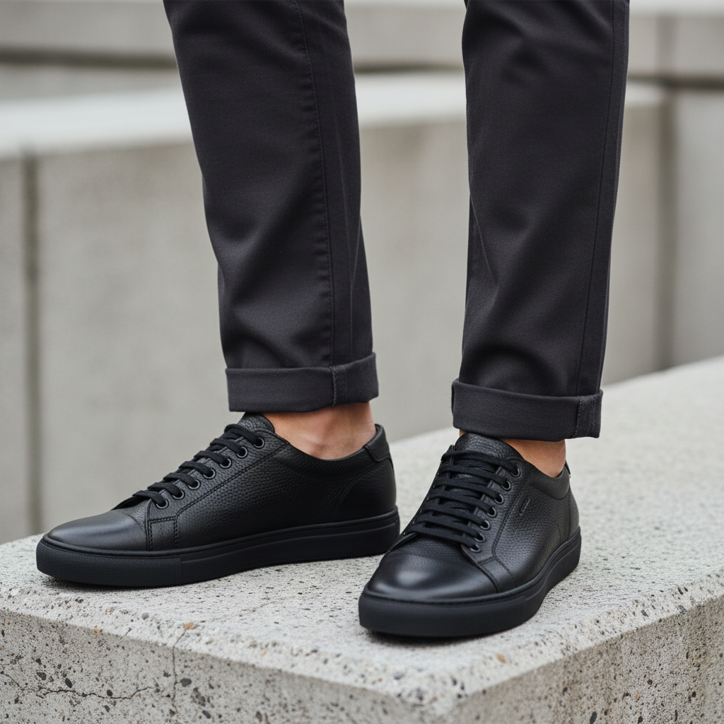Model wearing all-black pebbled leather lace-up low-top sneakers leg shot