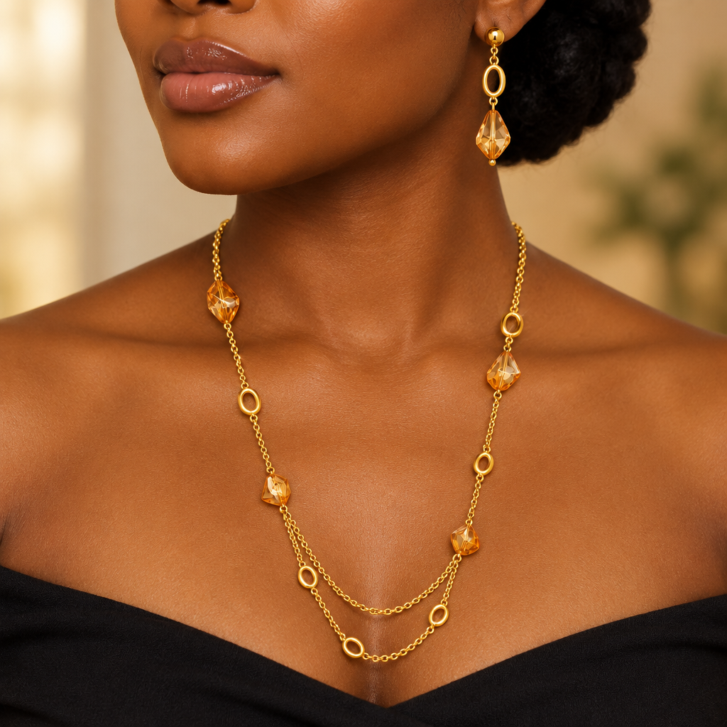 Woman wearing gold amber crystal layered necklace and earrings