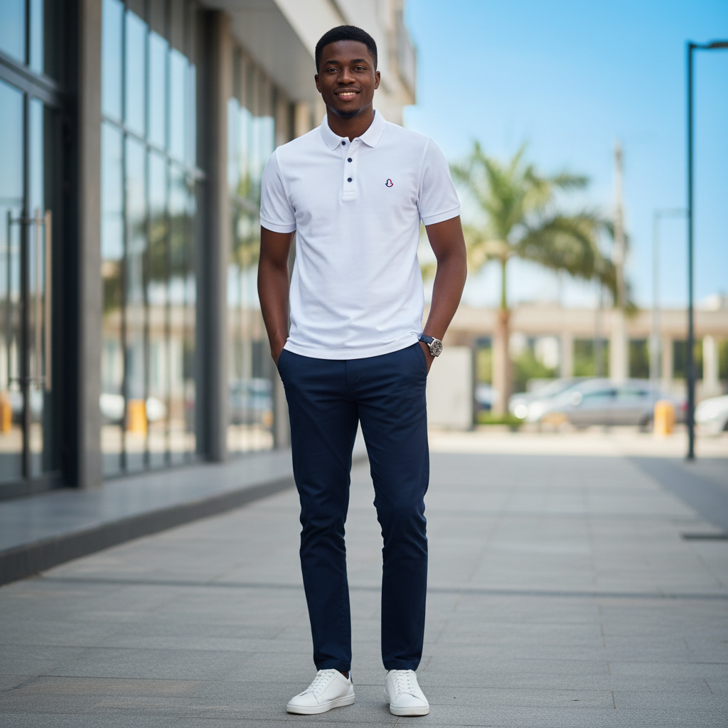 Nigerian male model wearing white polo shirt with striped collar in upscale setting