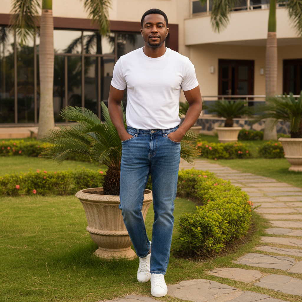 Men's medium wash straight-leg denim jeans – Nigerian male model lifestyle shot