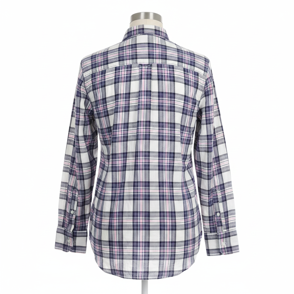 Ghost mannequin back view of white navy pink plaid long-sleeved shirt