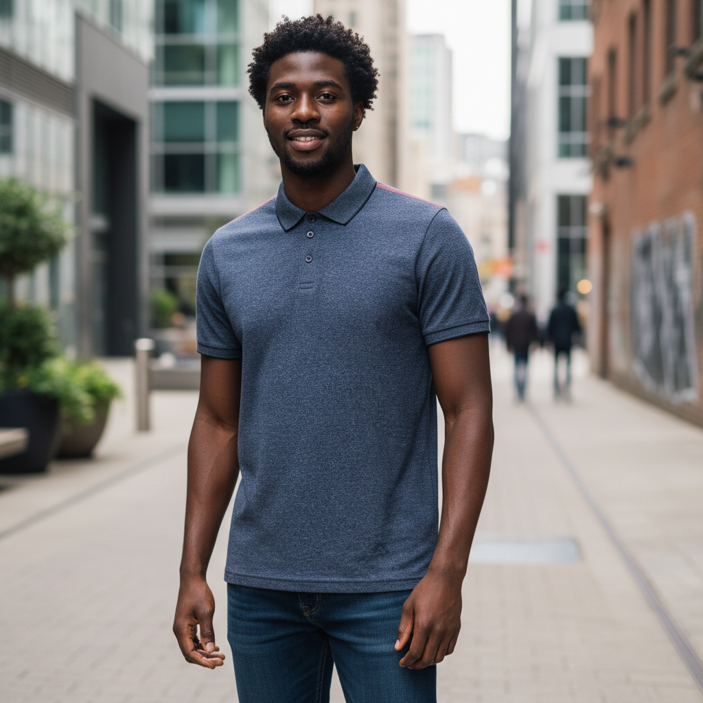 Young Nigerian male model wearing heathered navy marl polo with red shoulder stripe