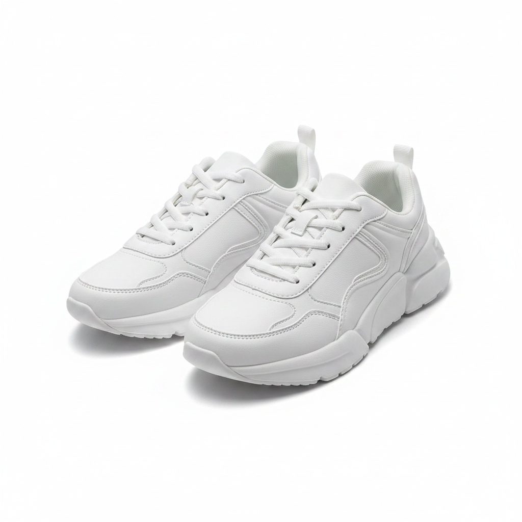 Women's all-white chunky lace-up sneakers ghost mannequin view